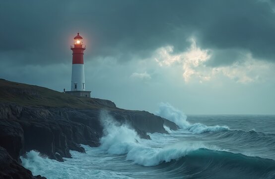 Lighthouse on rocky shore with red roof, white walls, and ocean below. Lighthouse light pierces cloudy sky, casts long shadows. Choppy sea reflects lighthouse light, safety beacon for ships.