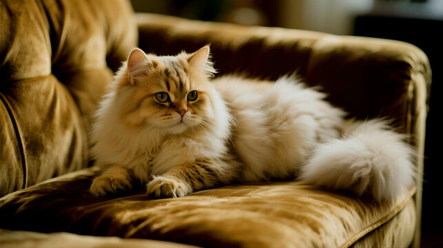 Beautiful fluffy ginger cat resting on a velvet couch indoors - Powered by Adobe