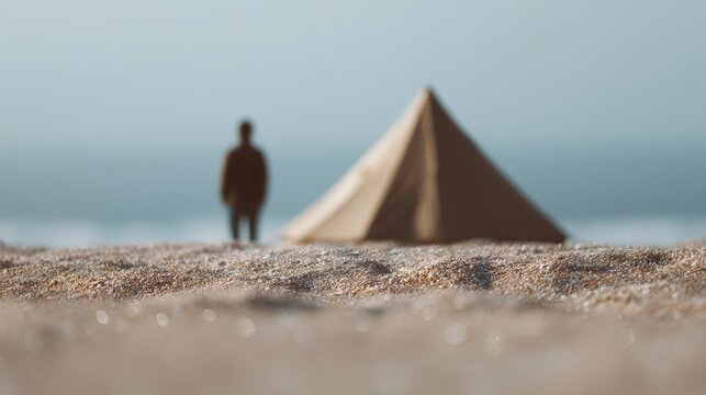 Ethereal seaside tent, silhouetted figure pondering vast oceanscape, World Oceans Day reflection, meditative escape, coastal mindfulness celebration - Powered by Adobe