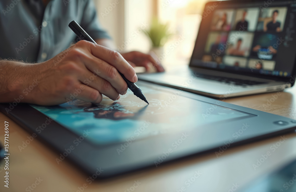 Fototapete man in gray shirt retouches image on laptop tablet. professional editor uses stylus pen on graphics.