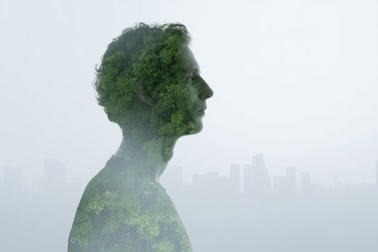 Male silhouette intertwined with lush forest, merging ethereal nature with urban skyline, eco-consciousness meets Arbor Day reflection
