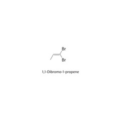 1,1-Dibromo-1-propene skeletal structure. Halogenated alkene compound schematic illustration. Simple diagram, chemical formula.