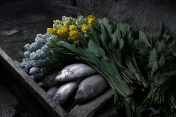 Chilled silver fish nestled among wild blooms evoke rustic lunar harvest, blending Midsummer Eve and Obon traditions