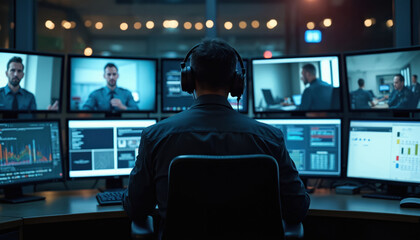 Man in black office chair engrossed in online meeting. Black headset indicates pro work setting. Computer monitor displays multiple windows in office environment. COMPUTER WORKER, MUTUALLY FOCUSING