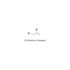 2,3-Dibromo-1-propene skeletal structure. Halogenated alkene compound schematic illustration. Simple diagram, chemical formula.