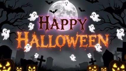 Happy Halloween Animated Graphic Spooky Ghosts, Jack-o'-lanterns, and Moonlit Graveyard - Powered by Adobe