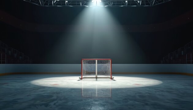 Hockey goal under stadium spotlight at night. Goal net with white, red netting, vibrant colors against dark, cold arena. Ice rink, professional hockey equipment, intense game, spotlight, sharp focus,