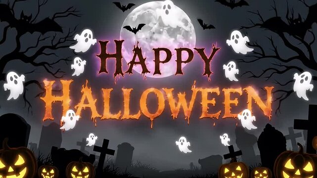 Happy Halloween Animated Graphic Spooky Ghosts, Jack-o'-lanterns, and Moonlit Graveyard
