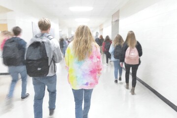 High school hallway buzz, tie-dye dreams and diverse youth wander, echoes of Back-to-School Night and Teen Awareness Week