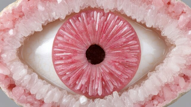 A mesmerizing pink geode eye, crystalline whispers of Valentine's Day magic and mineral meditation, gaze of Earths secrets