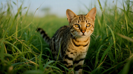 Adorable Spotted Cat Stares Intently Through Tall Green Grass During Golden Hour Sunlight
