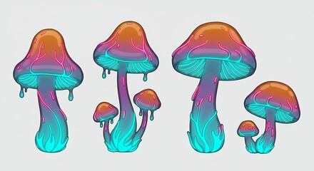 Set of colorful stylized mushrooms