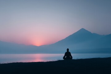 Enveloped in twilight serenity, a silhouetted person meditates by a tranquil lake, celebrating Diwali's peace and Midsummer tranquility
