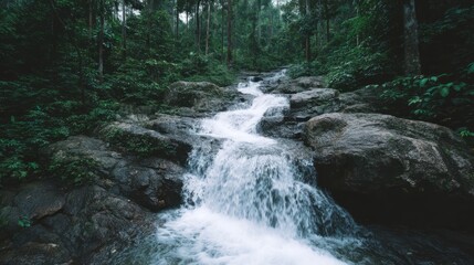A mystical cascade whispers through lush emerald forest, evoking Earth Day reflections and Midsummer Night's escapades