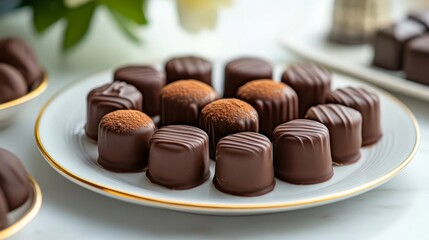 Dark chocolate truffles shimmer invitingly, evoking cacao ceremonies, indulgent moonlit feasts, and mysterious velvety decadence celebrations