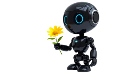 Tiny robot holding a flower, gesture of kindness, cute and emotional concept, isolated on transparent background
