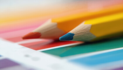 Yellow pencil with blue eraser and green pencil on color chart background. Simple design with gray square. Close-up of pencils with yellow and green shades.