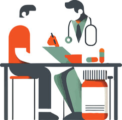 Illustration of a doctor consulting with a patient about medical prescription drugs
