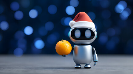 Cute silver robot in Santa hat holding oranges against a bokeh background
