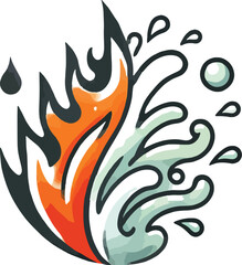 Illustration representing fire and water elements with orange flames and aqua splashes