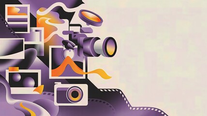 Abstract digital art featuring stylized film strips, cameras, and photography elements in shades of purple, orange, and white.