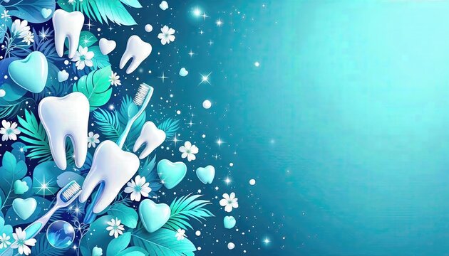 A vibrant dental-themed illustration featuring white teeth, toothbrushes, hearts, leaves, and flowers on a blue gradient background. - Powered by Adobe