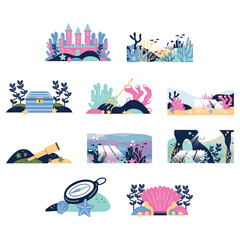 Flat Ocean Kingdom Scene with Underwater Treasure and Water Creator Theme