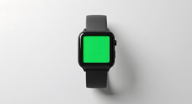 Black smartwatch with bright green screen displayed on a white background.