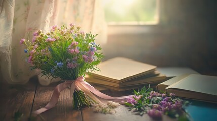 Rustic Flower Bouquet with Books on a Wooden Table Near a Window