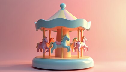 3D toy carousel with circular platform, three toy horses, vibrant colors, blue, pink, green, white manes and tails, gradient background, transition from pink to gray, small sky above.