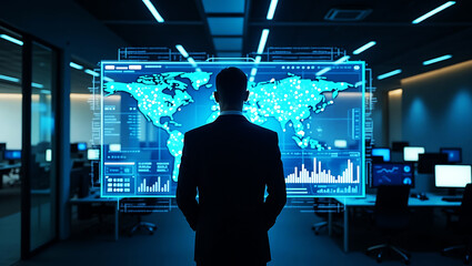 Businessman standing in front of surrounded by data streams high tech office stock photos