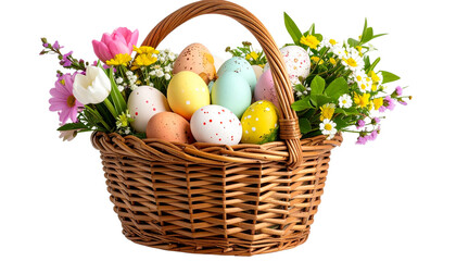 Easter basket filled with multicolored hand-painted eggs and decorated with spring flowers. High-resolution PNG isolated on a transparent background