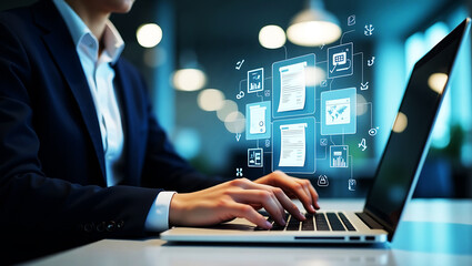working on a laptop show virtual invoice and checklist icons premium quality