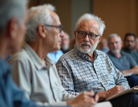 Two mature men attend seminar on investment strategies for retirees, taking notes, engaging in discussion. One man in blue shirt, glasses, another in green shirt, glasses, focus on presentation.