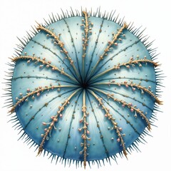 Circular cactus ornament in blue color with pink, yellow flowers. Spiky texture, floral design, ornate decoration, unique art piece. Cactus shape, thorn-like, abstract, sculptural, underwater, ocean,