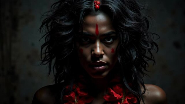 Witness the intense gaze of Kali, a fierce embodiment of divine power, as she turns her head dramatically in this 4k footage, wild hair flowing.