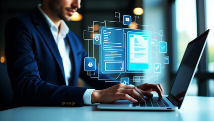 working on a laptop show virtual invoice and checklist icons premium quality