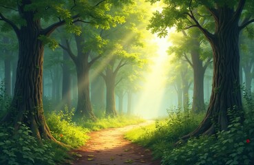 Obraz premium Serene forest scene with winding earthy path bathed in soft setting sun glow. Green leaves sway gently in breeze, trees lean towards clear blue sky. Darker green trunks add contrast to lighter