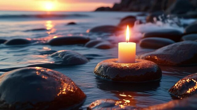 Illuminated candle on wet stones at dusk, peaceful scene, meditation