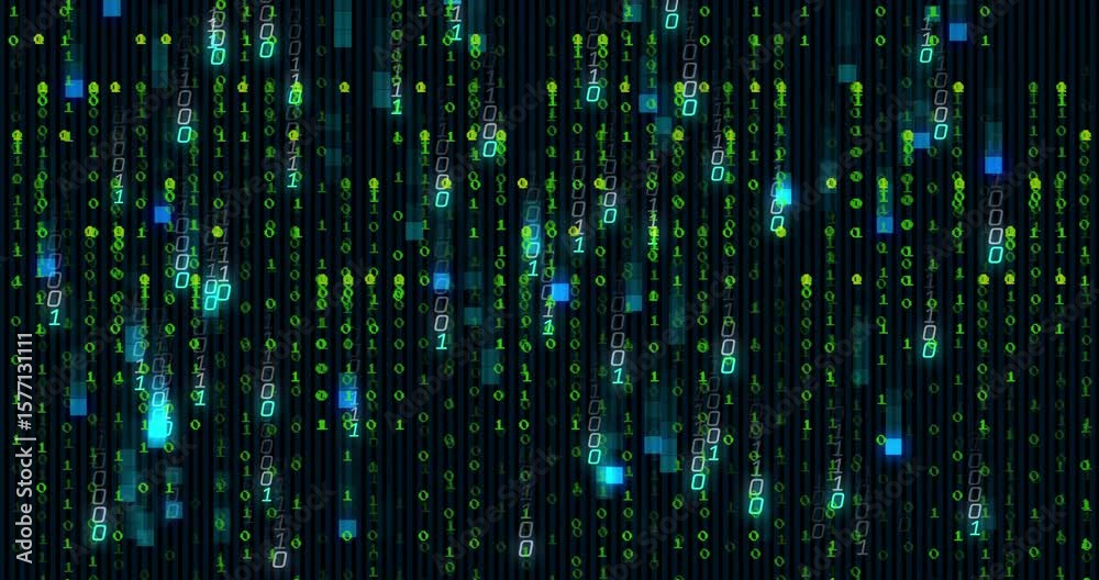 Poster sparse green binary digits appearing, falling with teal blocks clustering representing data flow