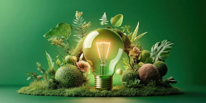 Eco-Friendly Lightbulb surrounded by plants symbolizing sustainable and renewable energy on a Eco friendly with green background