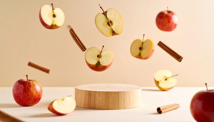 Apples and cinnamon sticks levitate above platform