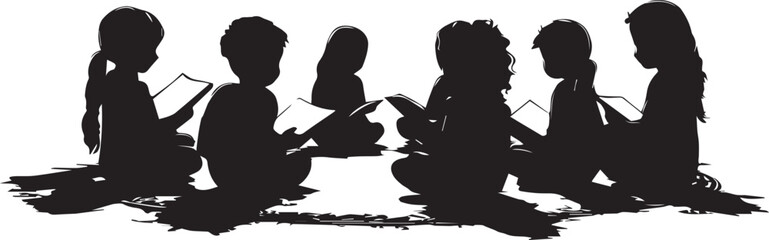 Black vector silhouettes of people, including a man, a girl, a man with a gun, children, and a couple, sitting at a table with a chair, having fun