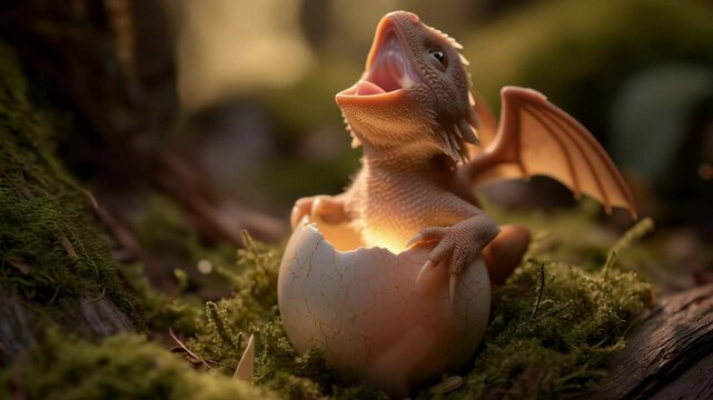 Cute baby dragon with tiny wings hatching from an egg in a mossy forest, surrounded by soft warm light and magical atmosphere.