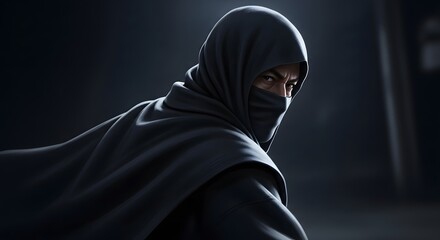 A cloaked figure, eyes gleaming with intensity, surveys his surroundings from the shadows. The dark fabric billows slightly, hinting at movement and purpose. Mystery and intrigue abound.