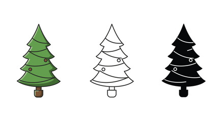 Christmas Tree Icons in Color Outline and Silhouette Styles for Holiday Designs