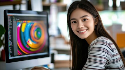 Focused young Asian female graphic designer joyfully working on a computer in Woman Happily