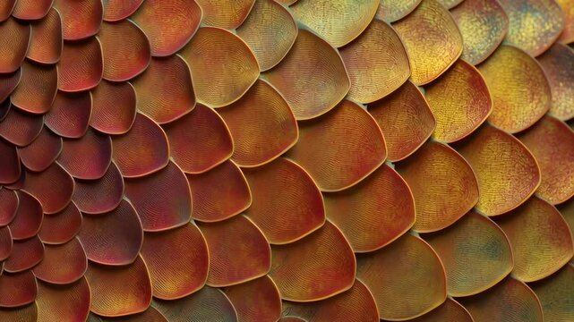 Close-up of overlapping dragon-like metallic scales in warm hues of gold, bronze, and red, creating an abstract textured background with intricate patterns.