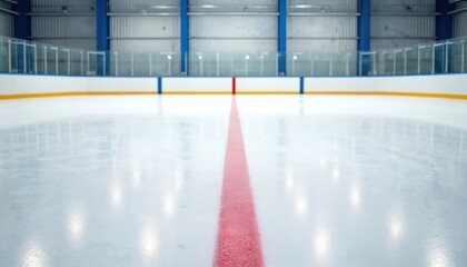 Pristine ice rink with red diagonal line. Clean surface glistens with light blue walls, ceiling providing stark contrast. Ice surface reflects ambient light. Empty indoor arena with red line for