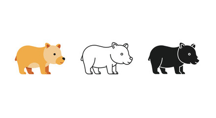 Cute Bear Illustration Set in Different Styles Color Outline and Silhouette